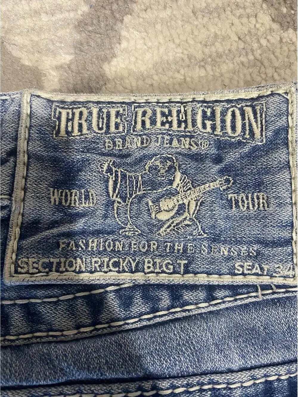 True Religion Mens Sz 33 Section Ricky Giant Big T Seat 34 Thick Stitch Jeans